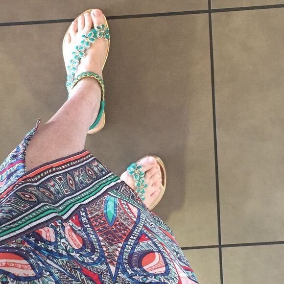 Restock! Italina Green Floral Gold Metallic Braided Rhinestone Low Heeled Sandal - Picture 3 of 10